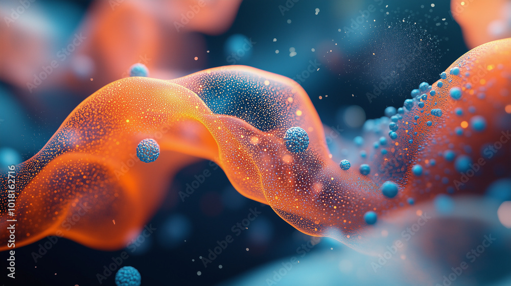 Fototapete 3d rendering of the orange and blue cells in an advanced medical illustration, showing organic struc