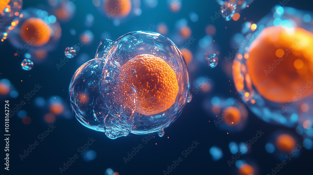 Fototapete 3d rendering of the orange and blue cells in an advanced medical illustration, showing organic struc
