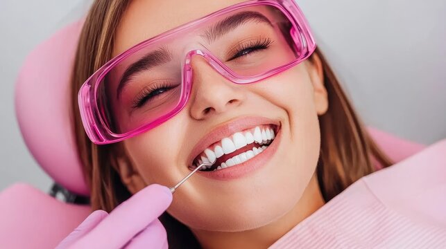 Hygienist Applying Fluoride Treatment to Patient with Protective Glasses for Preventative Care in Dental Office