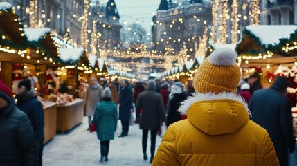 Fototapeta premium Festive Winter Market with Twinkling Lights, AI