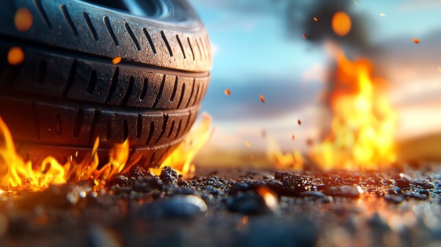 Closeup of rubber melting in a fire, with flames flickering and black smoke rising into the air, environmental hazard, burning tire process