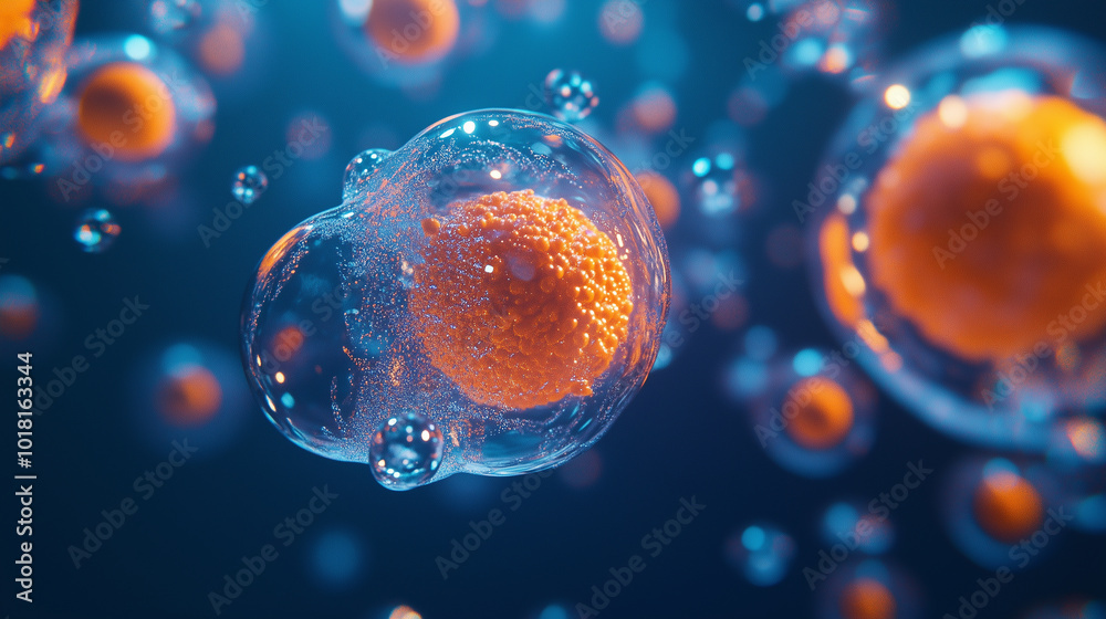 Fototapete 3d rendering of the orange and blue cells in an advanced medical illustration, showing organic struc