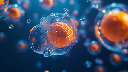 3D rendering of the orange and blue cells in an advanced medical illustration, showing organic structures with translucent cells and small spheres on them. The background is dark b
