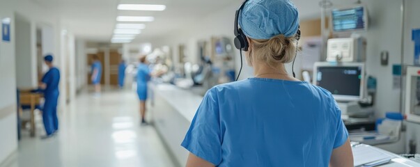Nurse in blue scrubs with a headset working at a hospital reception desk, symbolizing healthcare efficiency and patient communication