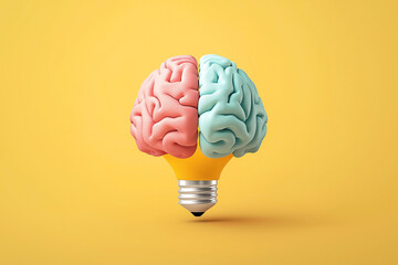 Conceptual image of a light bulb with a brain divided into two colored hemispheres on a yellow background, symbolizing ideas, creativity, and intelligence.