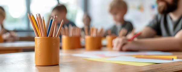 Teacher helping young learners with creative projects in a colorful school environment, emphasizing active participation and growth