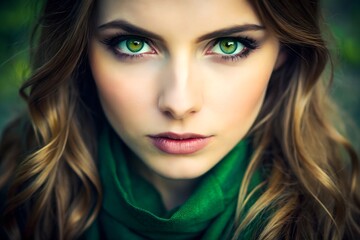 Naklejka premium Close-up portrait of a young woman with striking green eyes.
