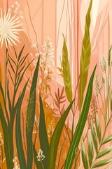 Abstract Floral Pattern with Green Leaves and White Flowers on Peach Background