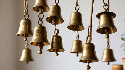 Obraz premium Hanging brass bells used in Vastu for cleansing negative energy and inviting positivity into homes and temples. Perfect for entryways or prayer rooms.
