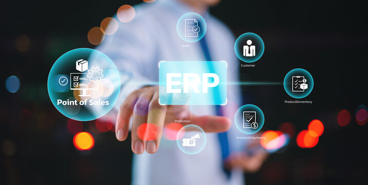 ERP software system for business planning concept.  Enterprise accounting resource network solution. Business people use smartphone with ERP data icon to analyze marketing sale technology in office