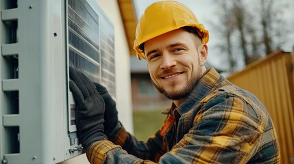 A worker in a yellow hard hat fixes an AC unit. The photo captures the hardworking and dedicated nature of HVAC technicians who ensure comfortable living conditions.