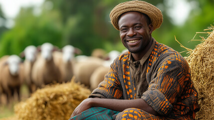 Fototapeta premium Portrait of a happy African farmer sitting on a hay bale with a flock of sheep in the background, on Nigerian farmland.