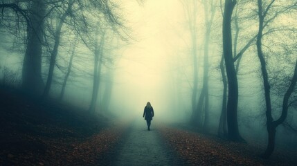 Fototapeta premium A beautiful person walking through a dreamy, fog-filled forest, their appearance so perfect it almost seems like a fantasy.