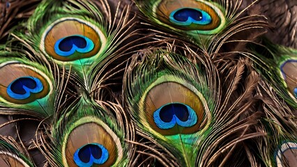 Fototapeta premium A bunch of peacock feathers used in Vastu to promote peace, harmony, and protection. Ideal for placing in living rooms or prayer areas to clear negative energy.