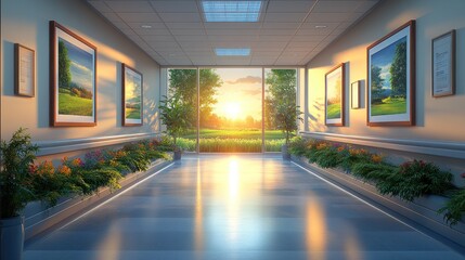 Bright hospital corridor with artwork and a sunset view outside.