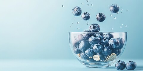 Fresh blueberries splash into a clear glass bowl, creating a vibrant and refreshing scene perfect for healthy food displays.