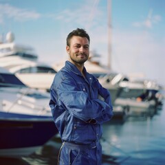 A confident man in overalls stands with arms crossed by luxury yachts, set against a clear marina backdrop.