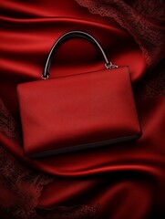 Elegant red handbag on luxurious red satin background