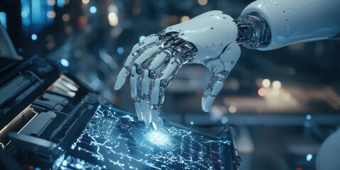 Futuristic robotic hand interacting with a digital interface, showcasing advanced technology and innovation in automation.
