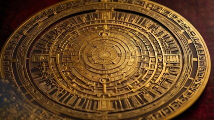 Obraz premium A gold-plated Vastu Yantra, etched with sacred geometric patterns, used for attracting wealth, prosperity, and success. Perfect for placing in homes, offices, or temples.