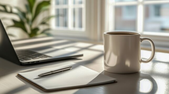 Sunlit workspace with notebook, pen, coffee mug, and laptop near large window