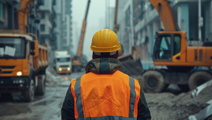 Construction worker manager wearing an orange hi-vis safety vest and yellow hard hat in front of heavy machinery at the site, with trucks and cranes visible in the background. Construction Site