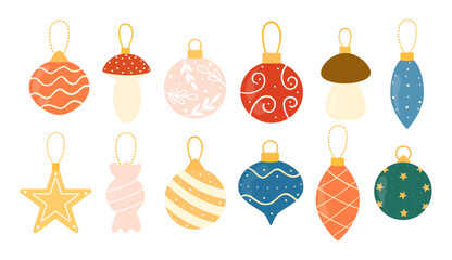 Set of Christmas tree ornaments. Colorful balls, star, iciclein in red, green, gold and pink colors. Decorations for Christmas and New Year. Vector illustration, isolated on white background.