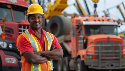 Construction worker manager wearing an orange hi-vis safety vest and yellow hard hat in front of heavy machinery at the site, with trucks and cranes visible in the background. Construction Site