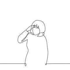 woman standing shielded her eyes - one line art vector. concept look into the distance, in sunlight or bad weather, poor visibility