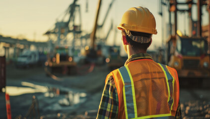 Construction worker manager wearing an orange hi-vis safety vest and yellow hard hat in front of heavy machinery at the site, with trucks and cranes visible in the background. Construction Site