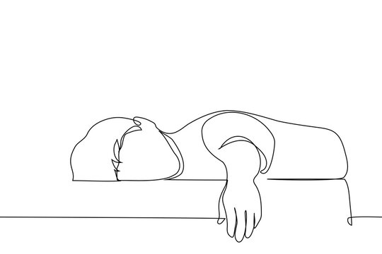 recommend clip art: man lying relaxed on hard surface - one line art vector. concept fatigue at work, burnout, apathy, daytime sleep