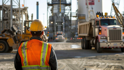 Construction worker manager wearing an orange hi-vis safety vest and yellow hard hat in front of heavy machinery at the site, with trucks and cranes visible in the background. Construction Site