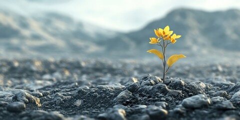Vibrant yellow flower emerging from rocky terrain, symbolizing resilience and hope in a harsh environment.