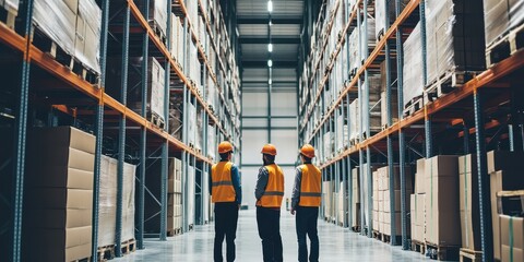 Warehouse team assesses inventory in a large storage facility, ensuring efficient operations and safety protocols.