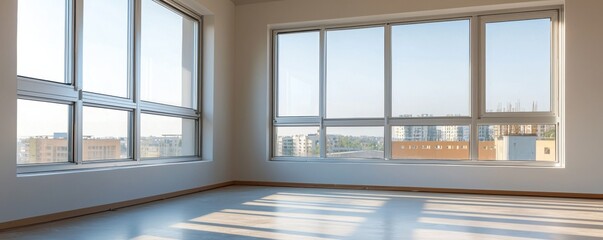 Spacious empty room with large windows showing natural light.