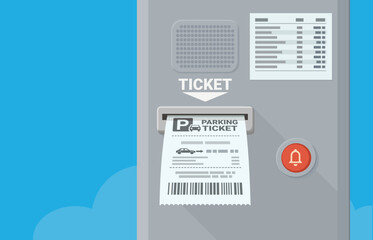 Paper parking ticket with its barcode coming out of a slot in a metal automatic machine with a blue sky in the background (flat design)