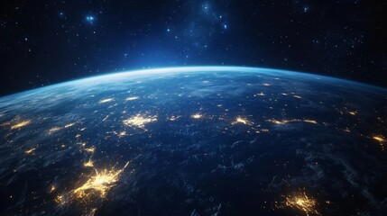 Obraz premium A breathtaking view of Earth from space, showcasing the planet's beauty and the interconnectedness of humanity through the glowing lights of cities scattered across its surface.