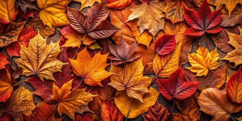 Fototapeta premium A Symphony of Autumn Hues A vibrant tapestry of fallen leaves, each a unique masterpiece of nature's artistry, showcasing a kaleidoscope of rich reds, warm oranges, and golden yellows.
