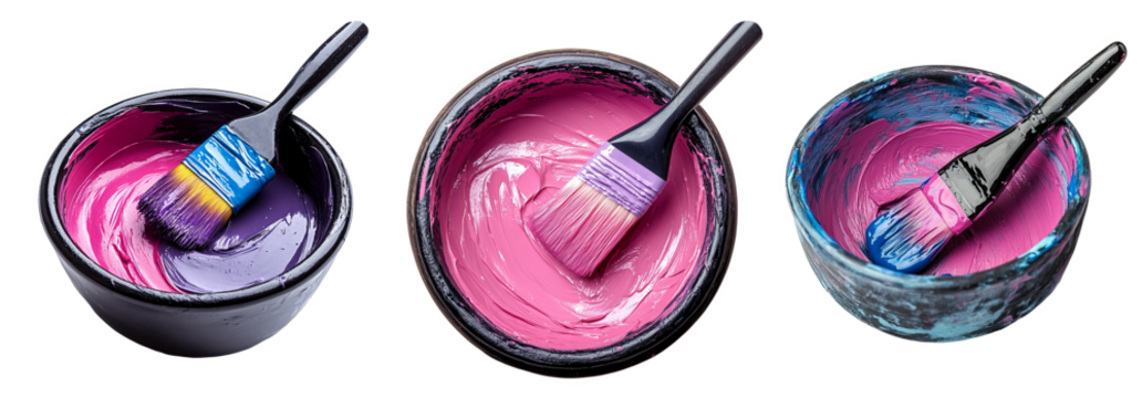 paint bowls with brushes containing vibrant colors artistic concept transparent background