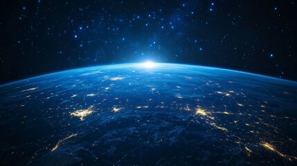 Fototapeta premium A breathtaking view of Earth from space, showing the planet's curvature, city lights, and a sunrise.