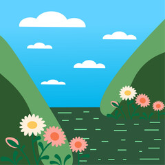 Retro nature landscape design. Vintage style natural environment scenery  background, travel destination, beautiful landscape. Seamless pattern. 