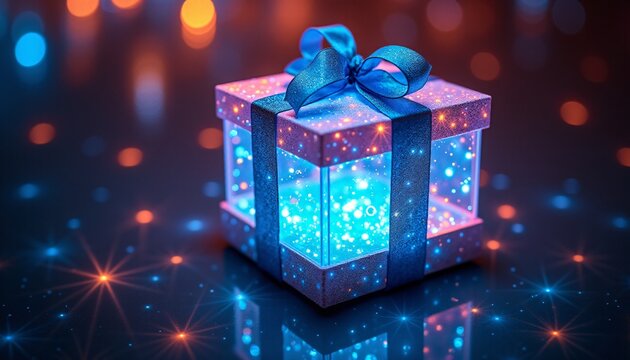 A futuristic gift box, wrapped in holographic paper and tied with a glowing ribbon
