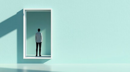 Obraz premium Man Standing in Minimalist Frame Against Pastel Wall, AI