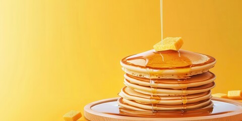 A delicious stack of fluffy pancakes drizzled with syrup and topped with a slice of butter, set against a vibrant yellow background.