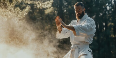 A focused martial artist in a white gi practicing techniques against a serene backdrop, embodying strength and tranquility.