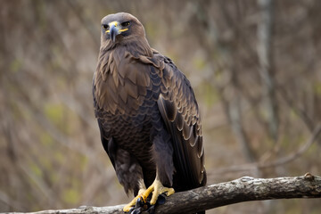 Obraz premium Bald eagle and bird in nature on tree. wildlife animal wild concept. brown eagle sitting on a branch in a tree. a brown eagle sitting on a branch in nature lifestyle.