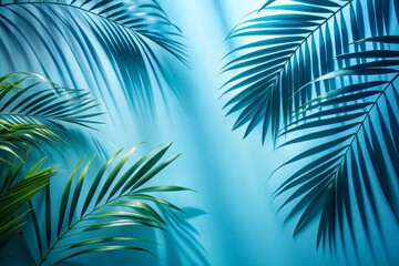 Obraz premium Minimalist Fashion Photography with Blurred Palm Leaf Shadows on Blue Wall for Spring and Summer Product Presentation