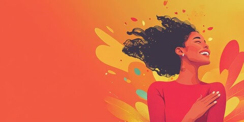 A joyful woman embraces happiness against a vibrant backdrop, radiating positivity and warmth in her expression.