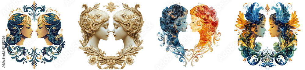 Canvas Prints elegant artistic faces embracing in ornate frames colorful designs transparent background