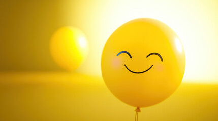 A close-up of a yellow balloon with a winking face, glowing softly against a yellow background, a second balloon barely visible in